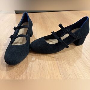 Rothy’s ReVelvet Double Buckle Mary Jane Heel in black. Size 9.5